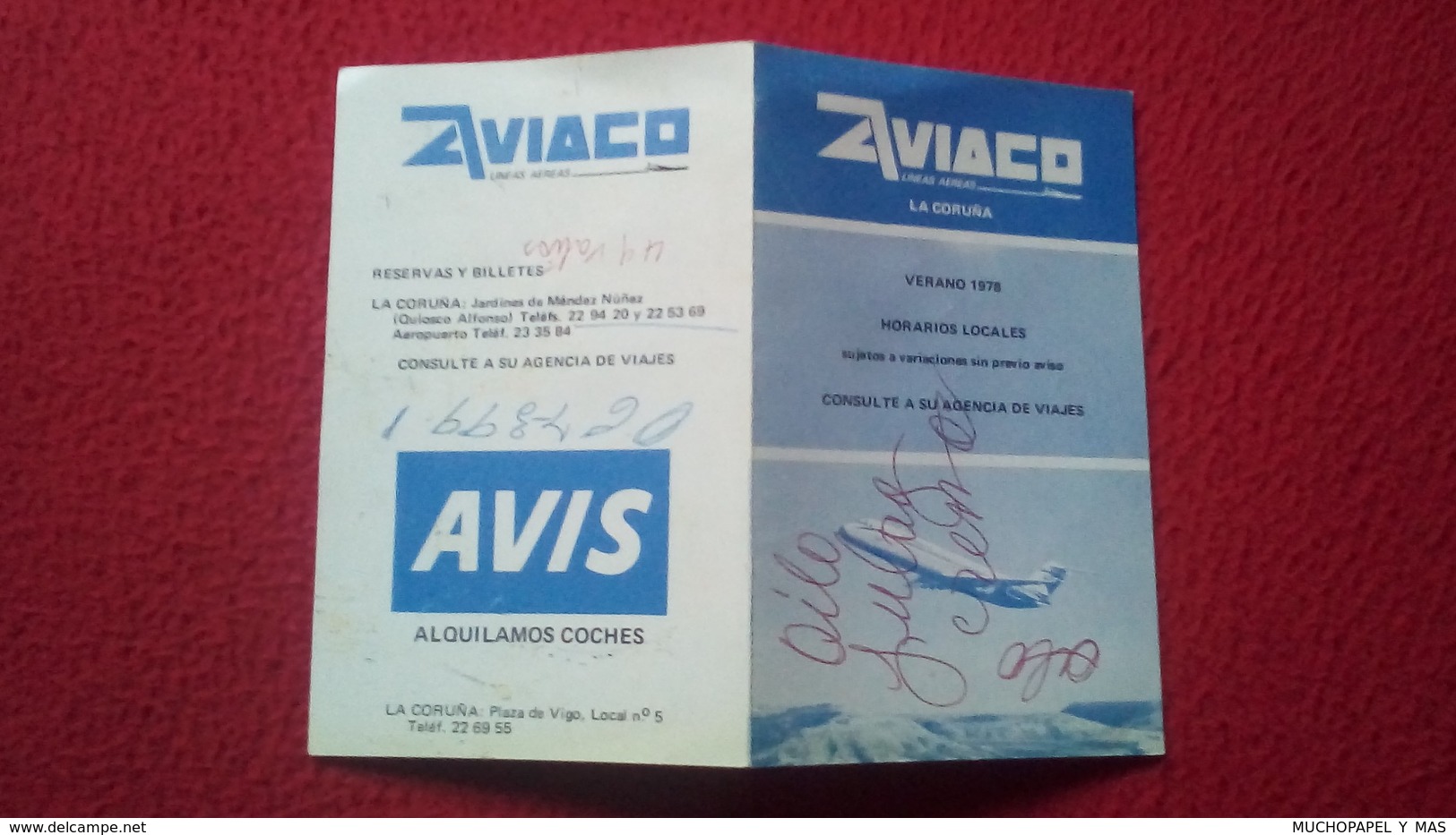 SPAIN DOCUMENTO DOCUMENT DÍPTICO 1978 HORARIOS LOCALES LINEAS AÉREAS AVIACO AIR LINES LA CORUÑA HOURS TIMETABLE SCHEDULE - Europe