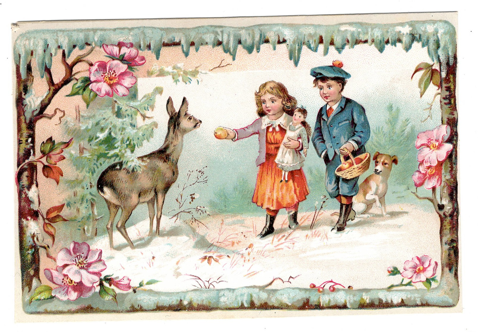 Biche  Enfants Poupée Chien , Superbe Chromo ( Carton )   10x14cm   Dos Neutre. - Autres & Non Classés