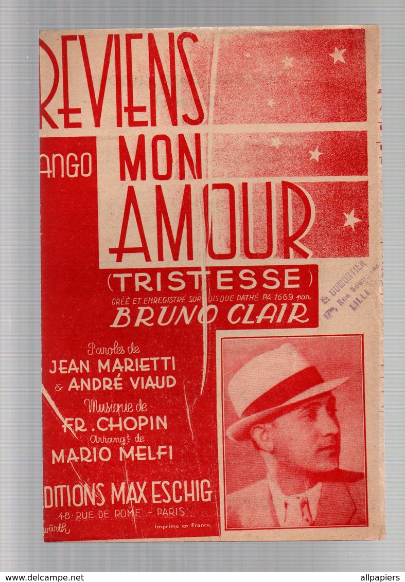 Partition Reviens Mon Amour - Tango Créé Et Enregistré Sur Disque Pathé Par Bruno Clair En 1939 - Partitions Musicales Anciennes