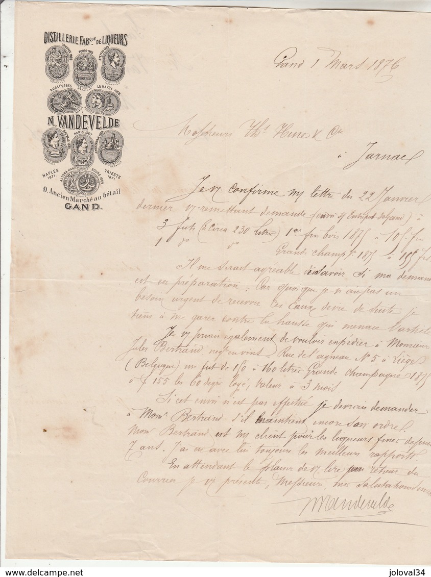 Belgique Facture Lettre Illustrée 1/3/1876 N VANDEVELDE Distillerie Liqueurs GAND - 1800 – 1899