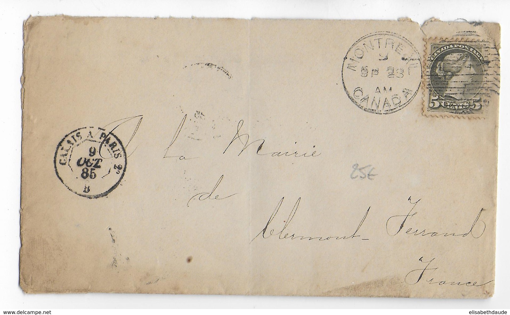 CANADA - 1885 - ENVELOPPE De MONTREAL (QUEBEC) => CLERMONT-FERRAND - Briefe U. Dokumente