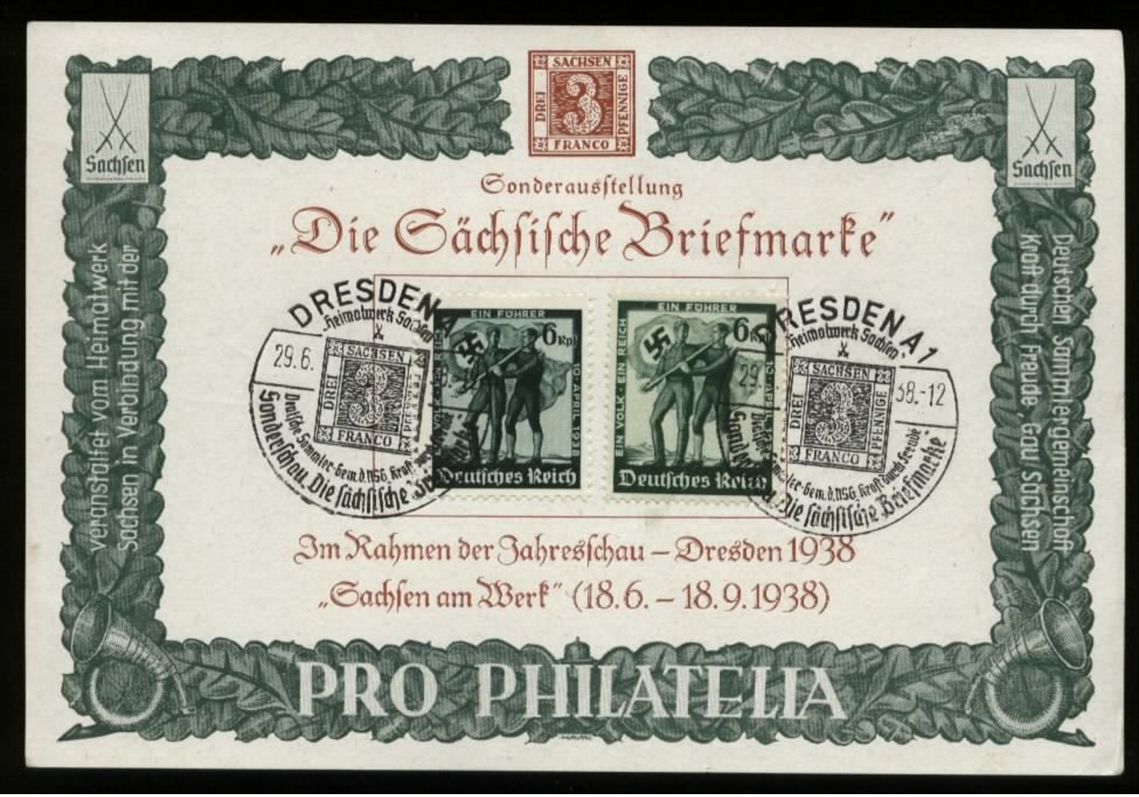 WW II KdF Karte Mit Sonderbriefmarken Sachsen Briefmarke: Gebraucht Mit Sachsen Dreier Sonderstempel Dresden 1938 - Lettres & Documents