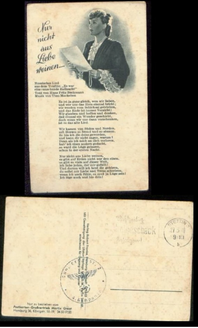 WW II Lieder Postkarte: Nur Nicht Aus Liebe Weinen, Gebraucht Feldpost Stettin 1940 , Bedarfserhaltung. - Lettres & Documents