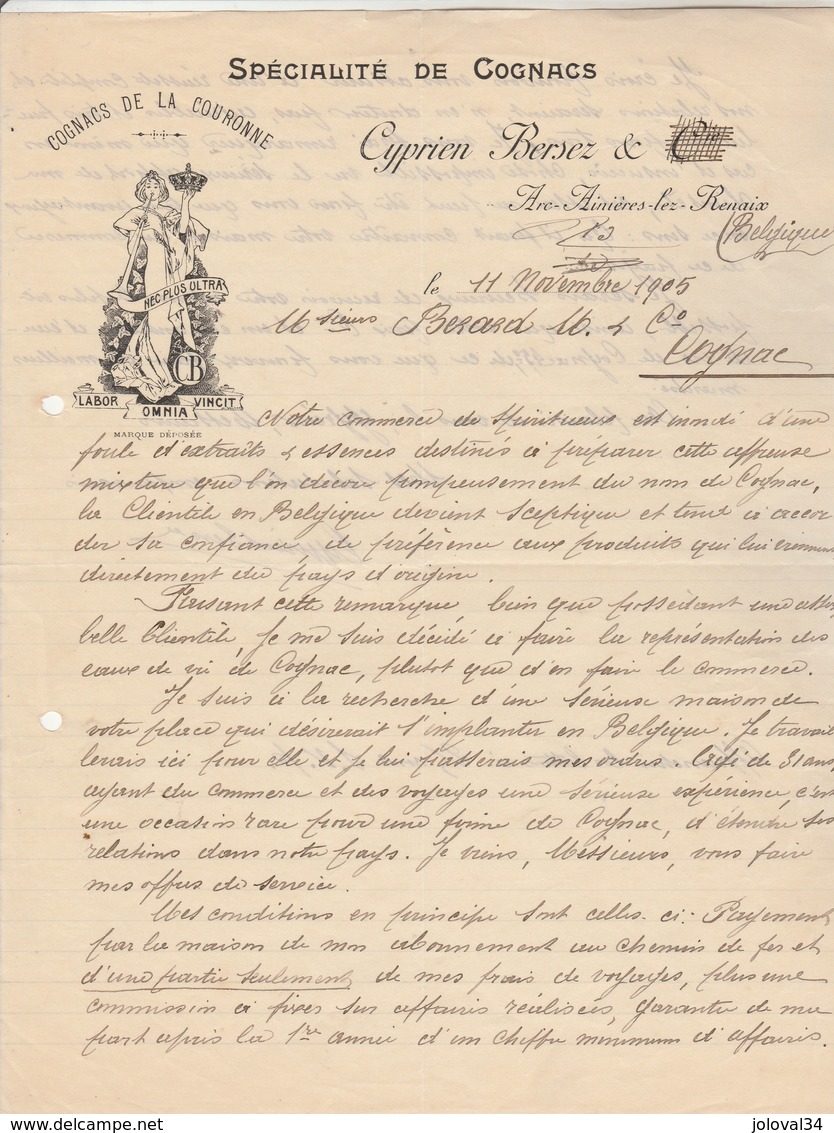 Belgique Facture Lettre Illustrée 11/11/1905 Cyprien BERSEZ Spécialité De Cognacs ARC AINIERES Les RENAIX - 1900 – 1949