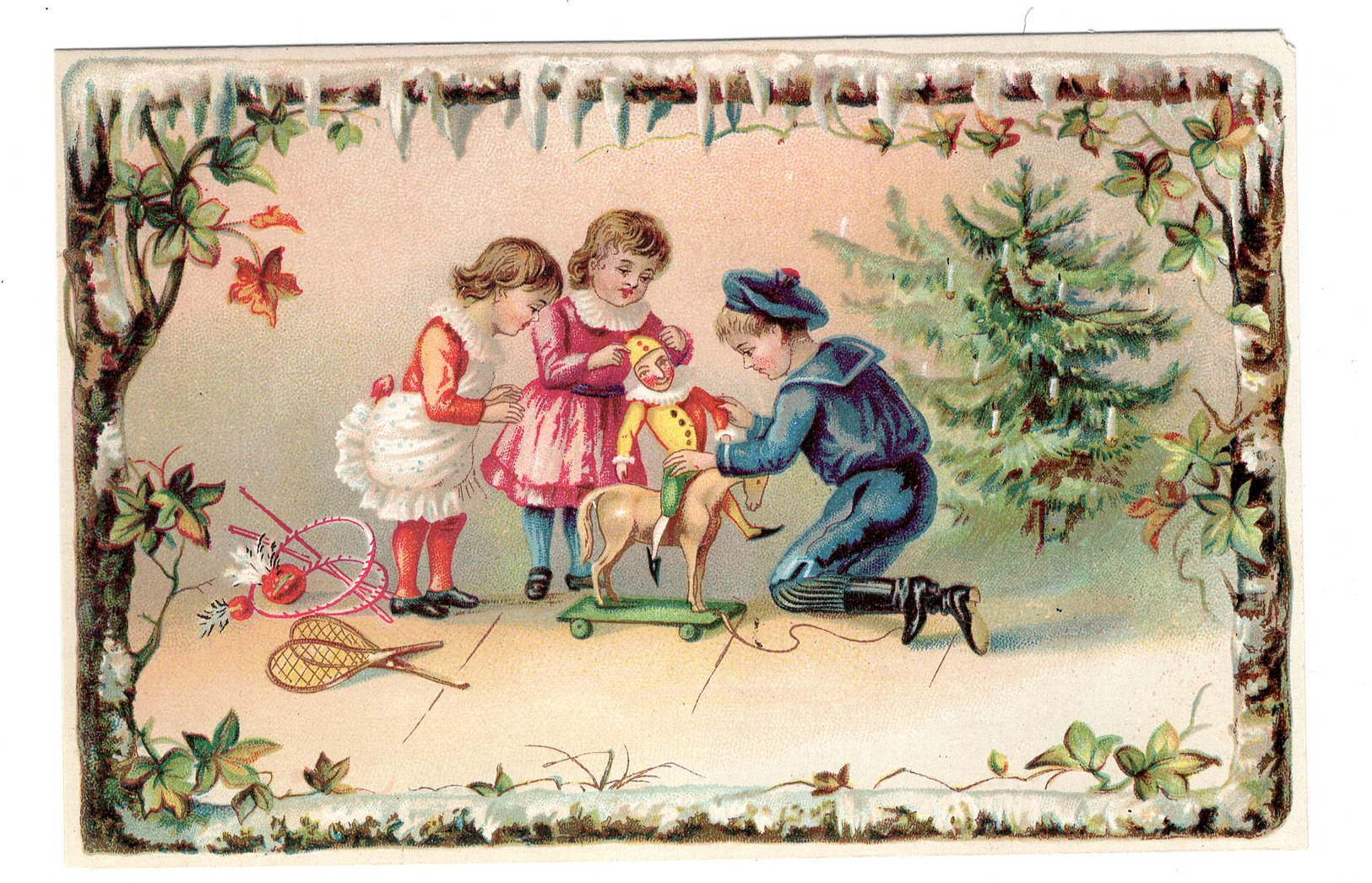 Enfants  Jouets Cheval De Bois  Polichinelle  Noël  Superbe Chromo Carton  10x14cm - Autres & Non Classés