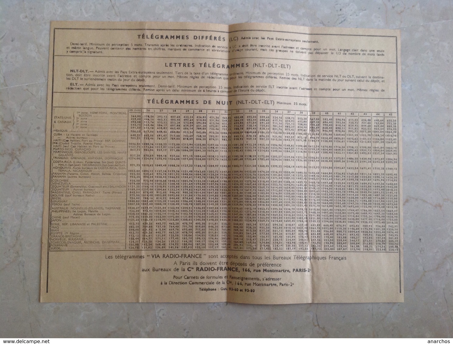 Barème Des Taxes Télégramme Via Radio France 1947 - Non Classés