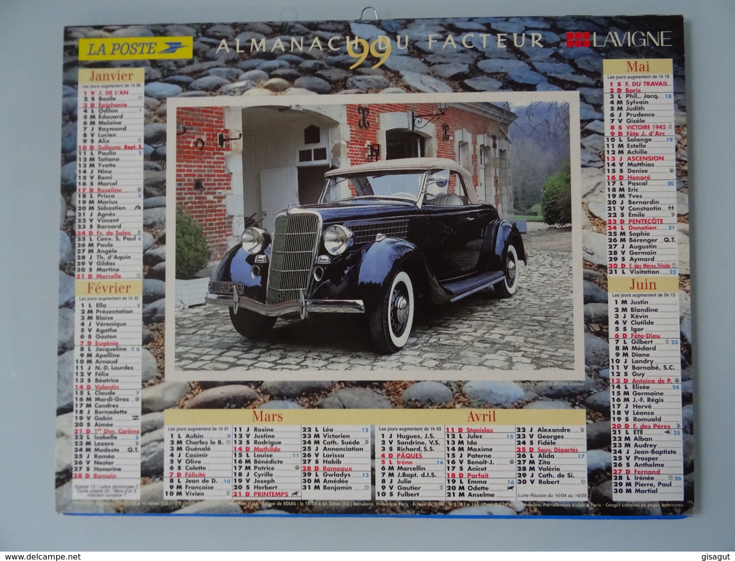 Almanach Du Facteur  1999 Recto Ford  Conversible  1935  Verso  Delahaye 135 Ms  1937 - Grand Format : 1991-00