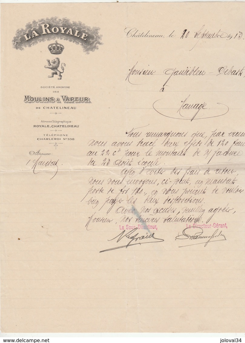 Belgique Facture Lettre Illustrée 20/9/1913 LA ROYALE  SA Des Moulins à Vapeur CHÂTELINEAU - 1900 – 1949