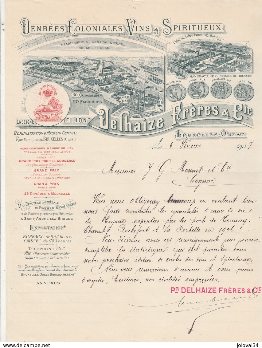 Belgique Facture Lettre Illustrée Lion 6/2/1907 DELHAIZE Frères Denrées Coloniales Vins Spiritueux  BRUXELLES Ouest - 1900 – 1949