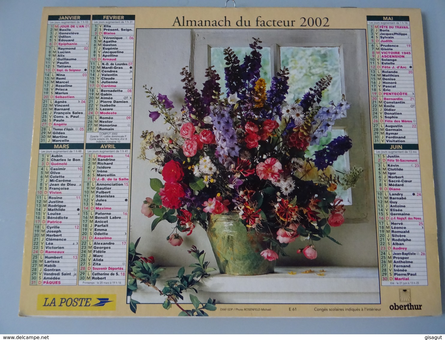 Almanach Du Facteur 2002 Recto Bouquet De Fleurs Verso  Coupe De Fruits - Grand Format : 2001-...