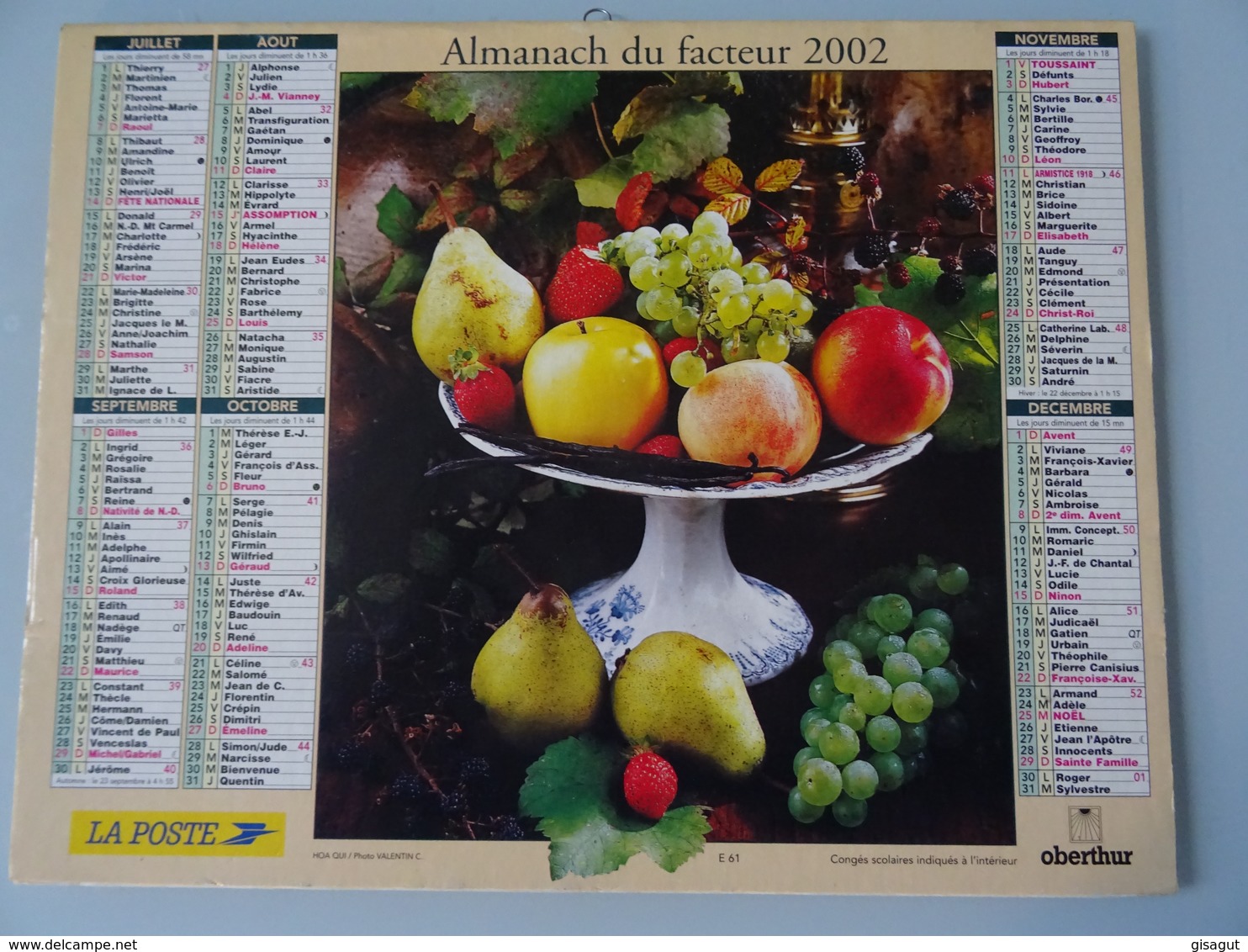 Almanach Du Facteur 2002 Recto Bouquet De Fleurs Verso  Coupe De Fruits - Tamaño Grande : 2001-...