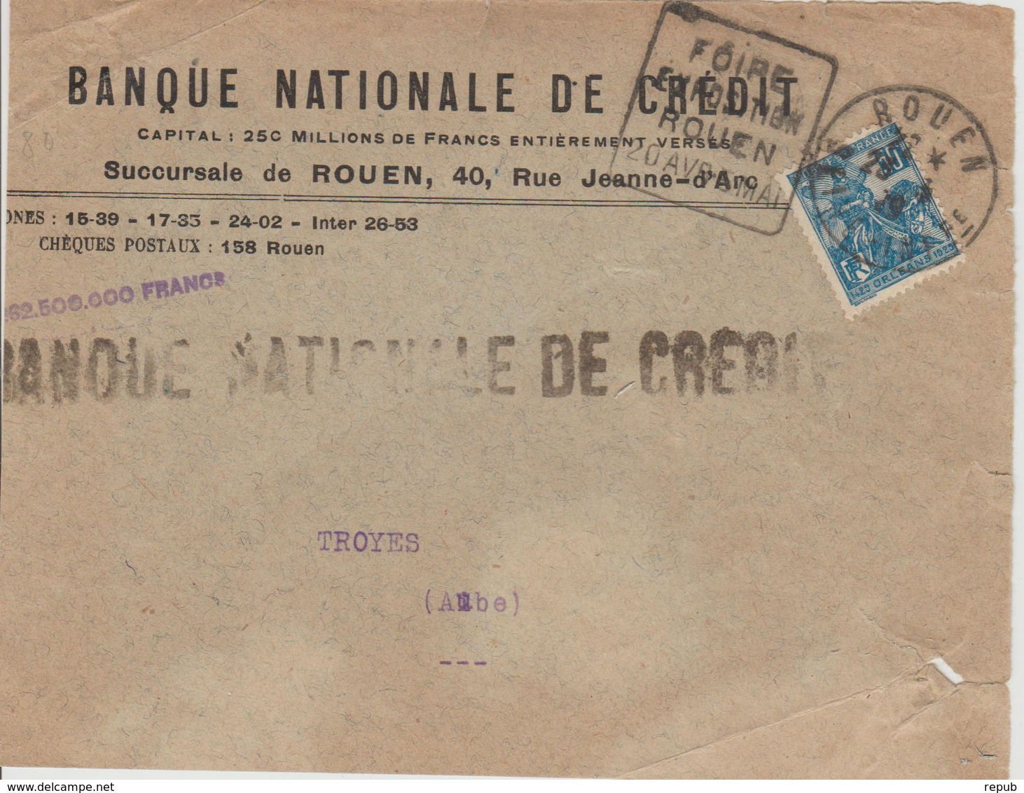 France Oblitération Daguin Seine Inférieure Rouen 1929 Sur Devant D'enveloppe - 1921-1960: Période Moderne