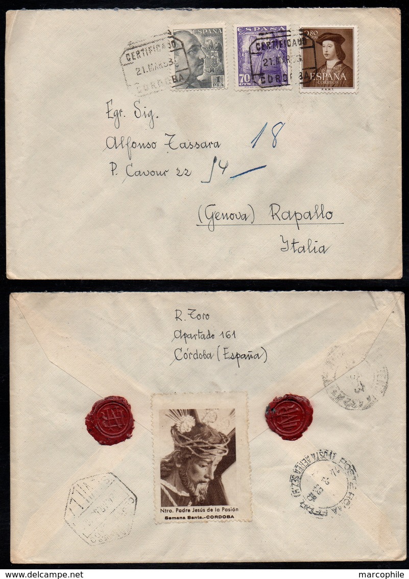 CORDOBA - ESPAGNE - ESPANA /1953 LETTRE RECOMMANDEE & VIGNETTE POUR L' ITALIE - RAPALLO - ERINNOPHILIE (ref LE3145) - Storia Postale