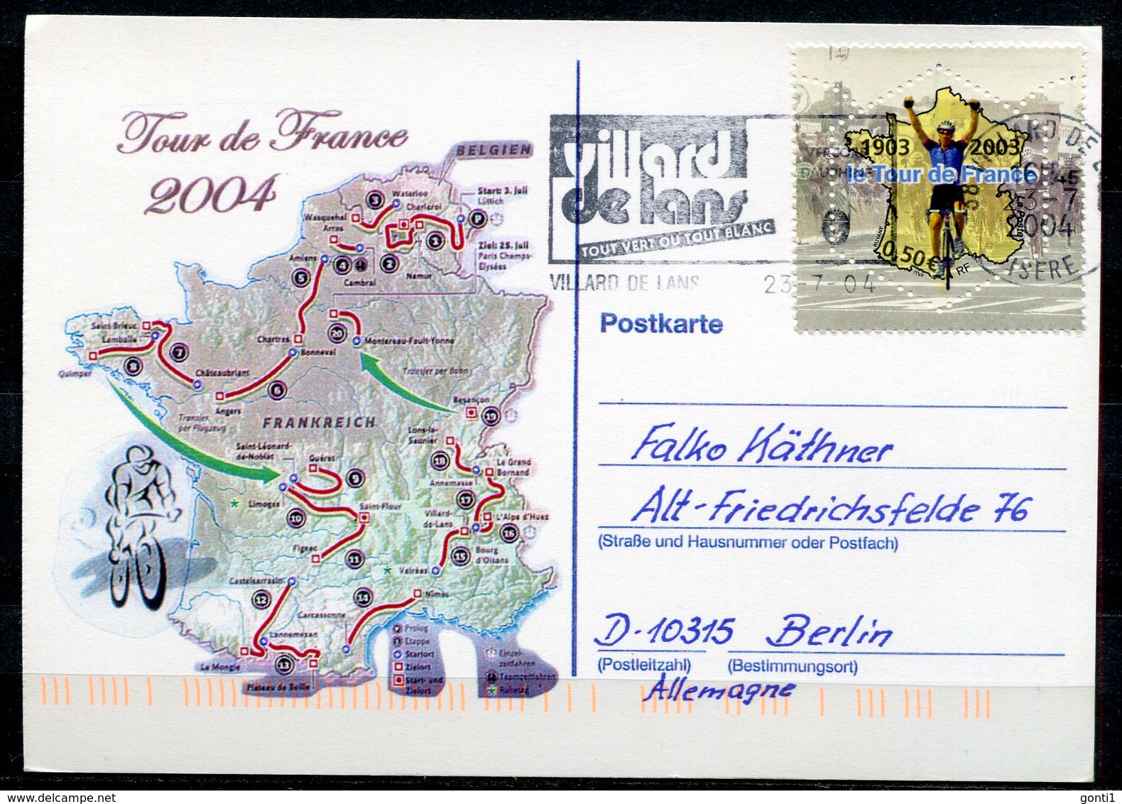 Frankreich 2004 Sonderkarte Tour De France M. Mi.Nr.3725 Und SST"Tour DE France,Villard De Lans" 1 Karte - Vélo