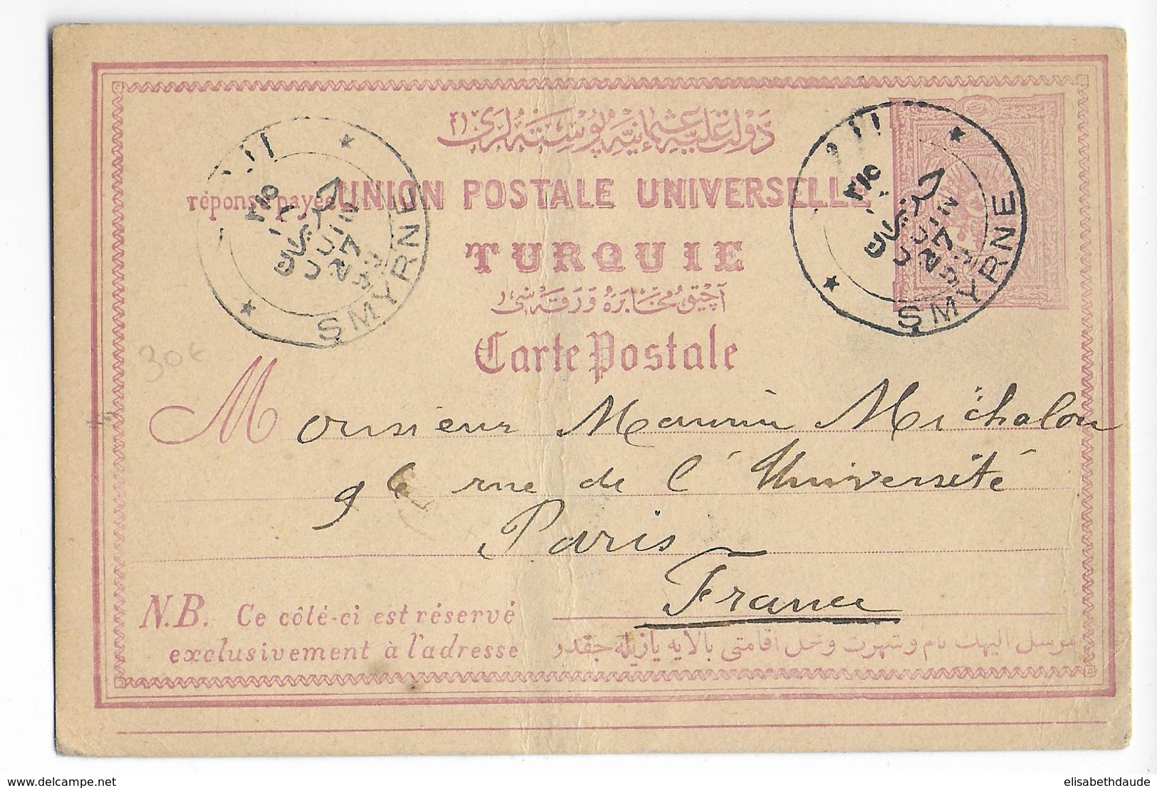 1899 - TURQUIE - CARTE ENTIER DE SMYRNE => PARIS - Lettres & Documents