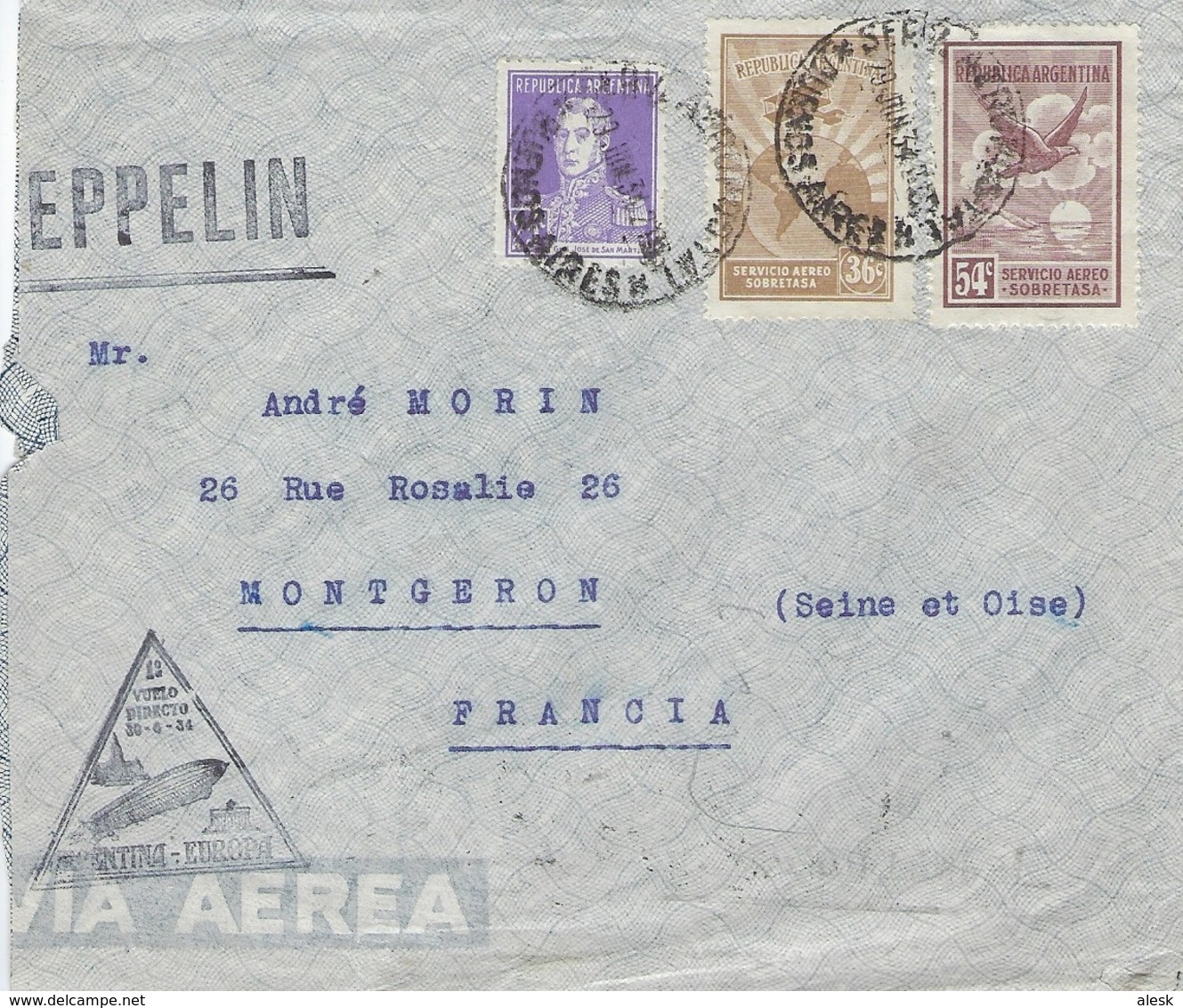ZEPPELIN ARGENTINE-EUROPA N° 373 - 30 Juin 1934 - Buenos-Aires 29 Jun 1934 Pour Montgeron Par Friedrichshaffen - Zeppelins