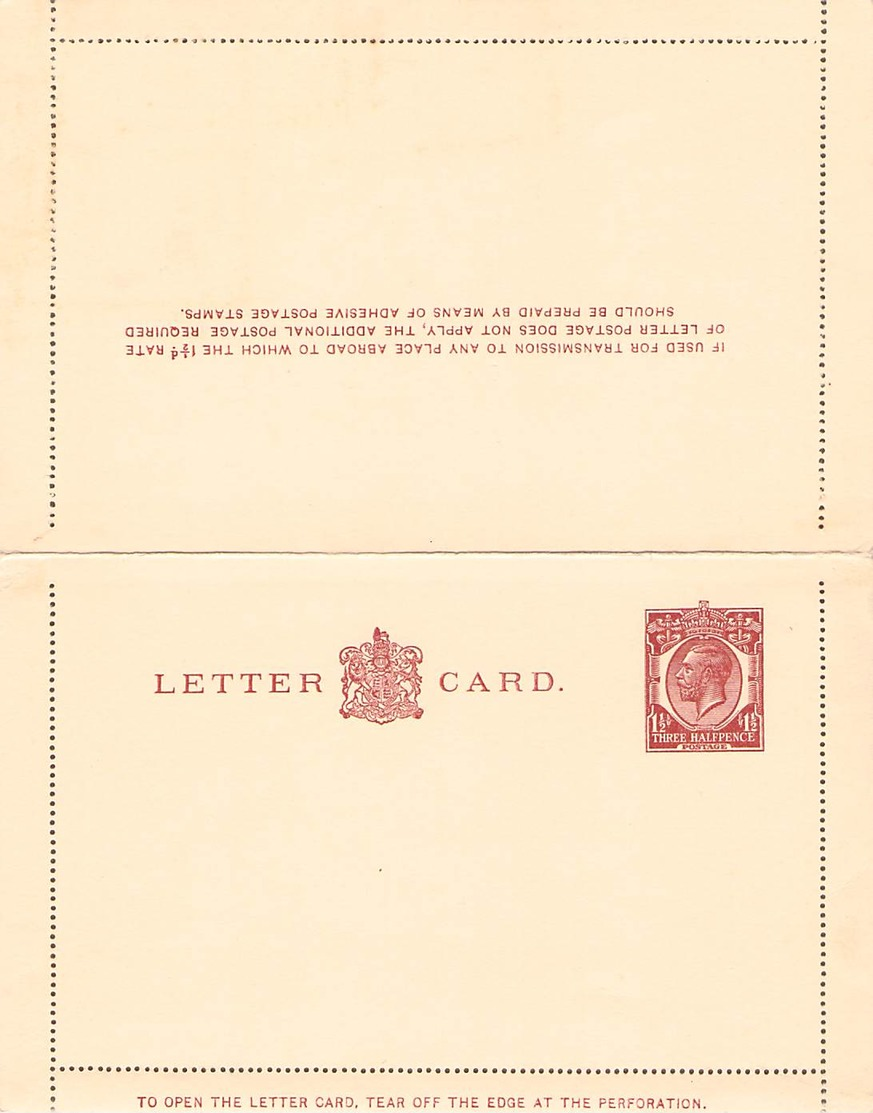 GREAT BRITAIN - LETTERCARD THREE HALFPENDE (1924) Mi #K10 -NOT USED- - Covers & Documents