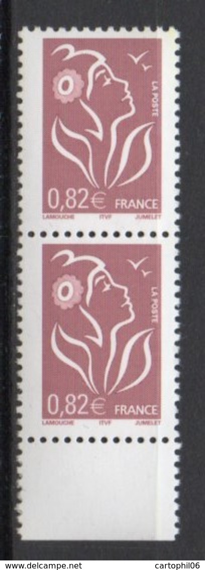 - FRANCE Variété 3743a ** - Paire 0,82 € Lilas-brun Marianne De Lamouche 2005 - BANDES DE PHOSPHORE A CHEVAL 50/50 - - Neufs