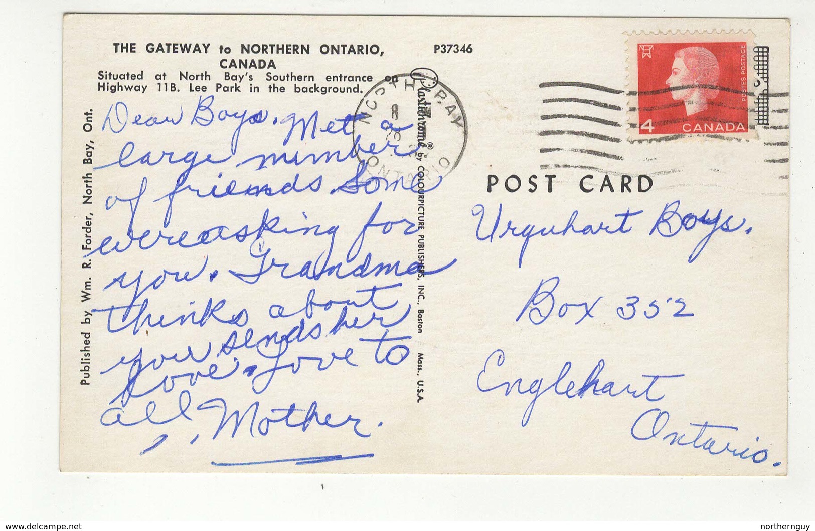 NORTH BAY, Ontario, Canada, "Gateway Of The North" Arch Sign, 1960's Chrome Postcard, Nipissing County - North Bay