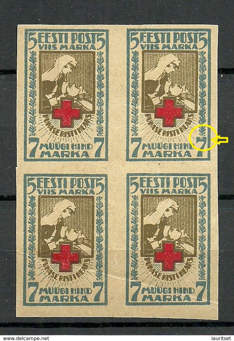 Estland Estonia 1921 Michel 30 B As 4-block Incl ERROR Abart MNH NB! 2 Lower Stamps With Fold Mark! - Estonia