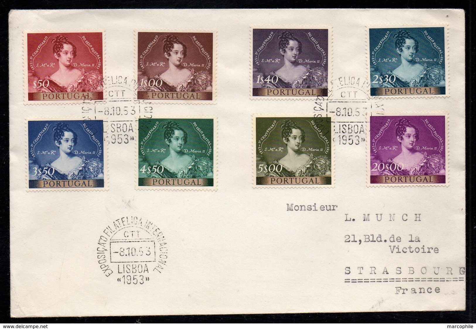 PORTUGAL - LISBOA / 8-10-1953 SERIE COMPLETE SUR LETTRE POUR STRASBOURG (ref 7860) - Lettres & Documents