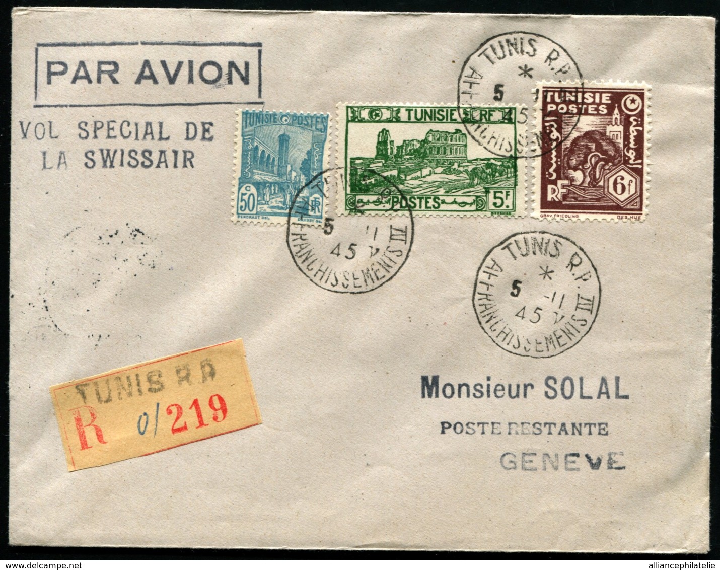 TUNISIE - Vol Spécial SWISSAIR TUNIS 5/11/45 Pour GENEVE - TB - Airmail