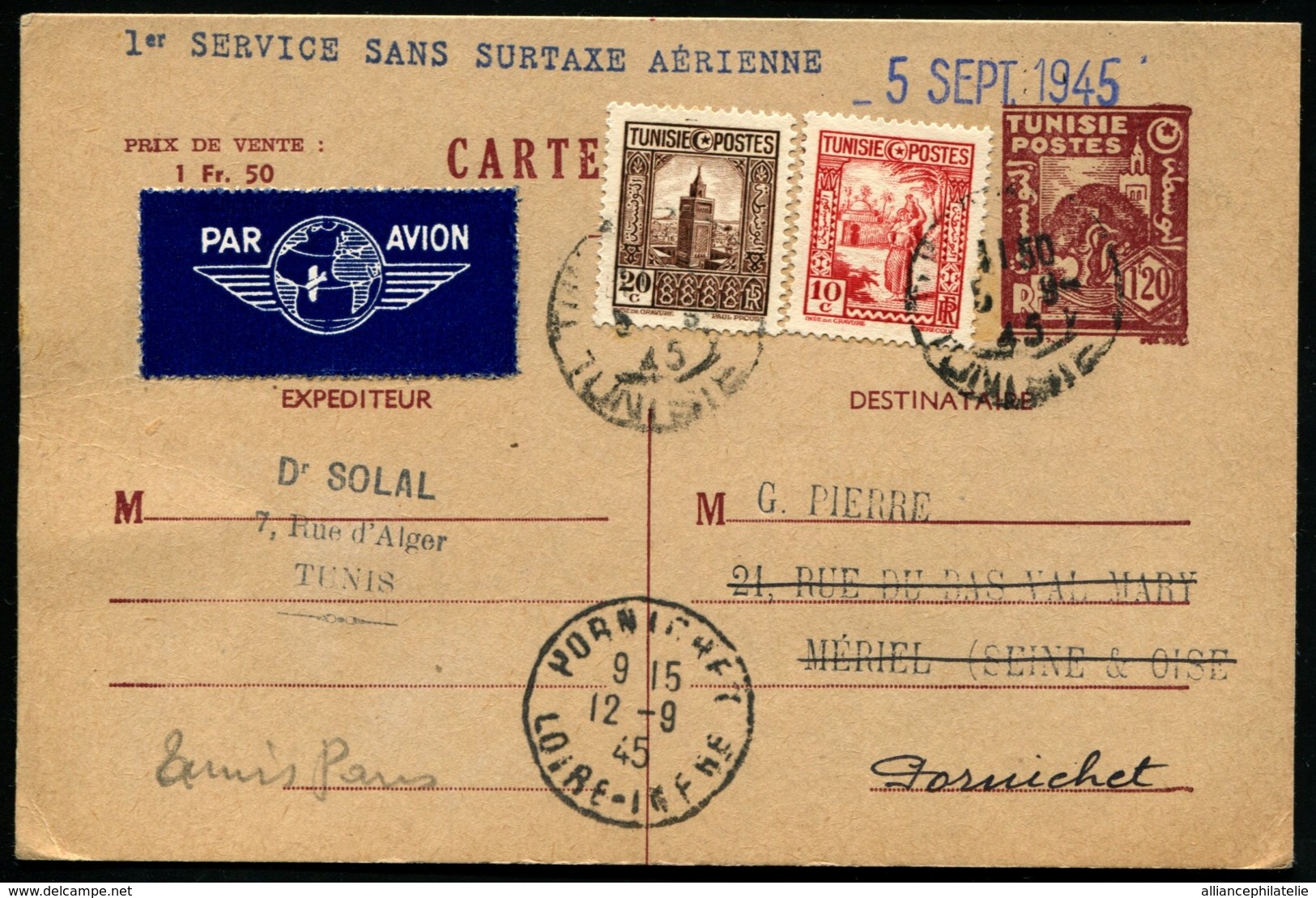 TUNISIE - 1er Service Sans Surtaxe TUNIS/PORNICHET 5/9/45 - TB - Airmail