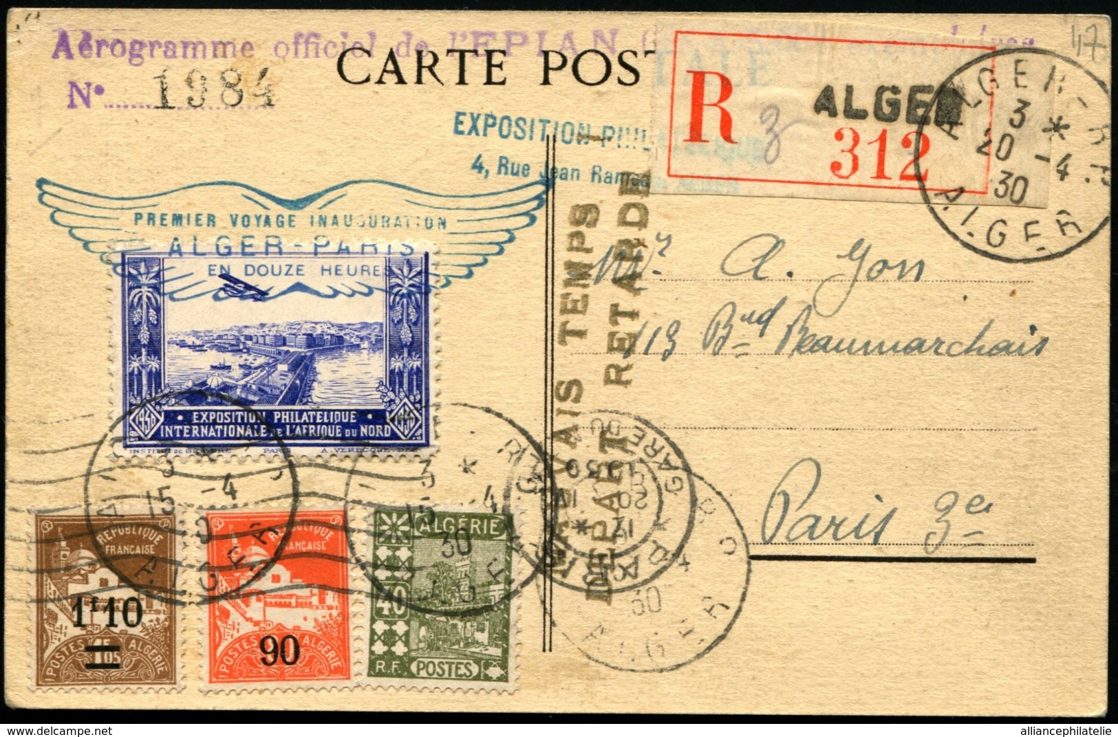 ALGERIE - 1er Vol ALGER/PARIS En Duze Heures 20/4/30 + Griffe "MAUVAIS TEMPS/DEPART RETARDE" - TB - Poste Aérienne