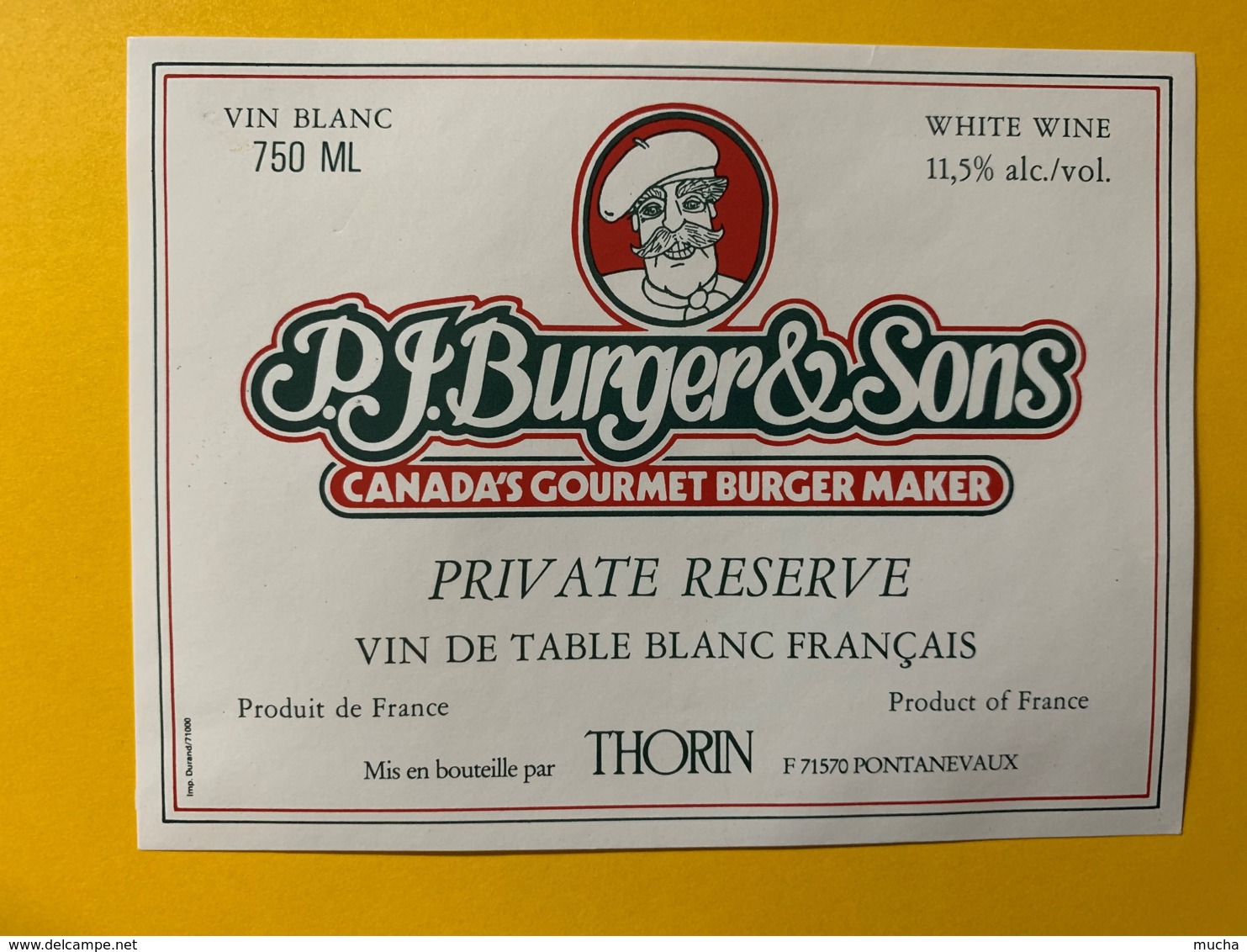 9780 - P.J. Burger & Sons Canada's Gourmet Burger Maker  Vin Blanc Français - Autres & Non Classés