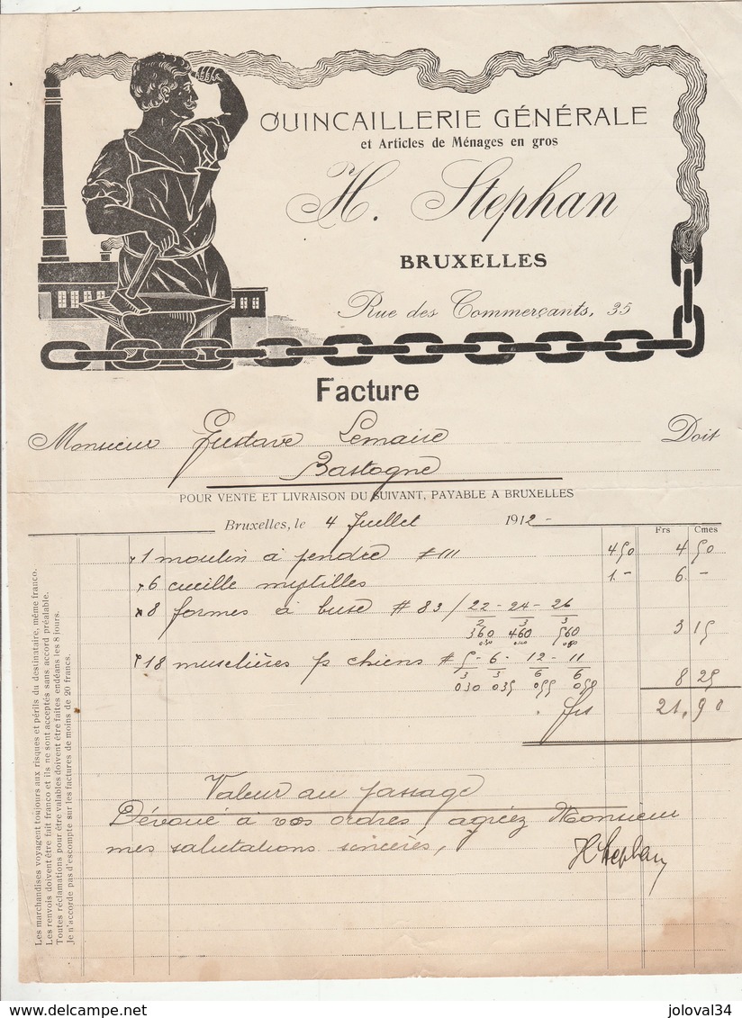 Belgique Facture Illustrée 4/7/1912 STEPHAN Quincaillerie Articles Ménage BRUXELLES - 1900 – 1949