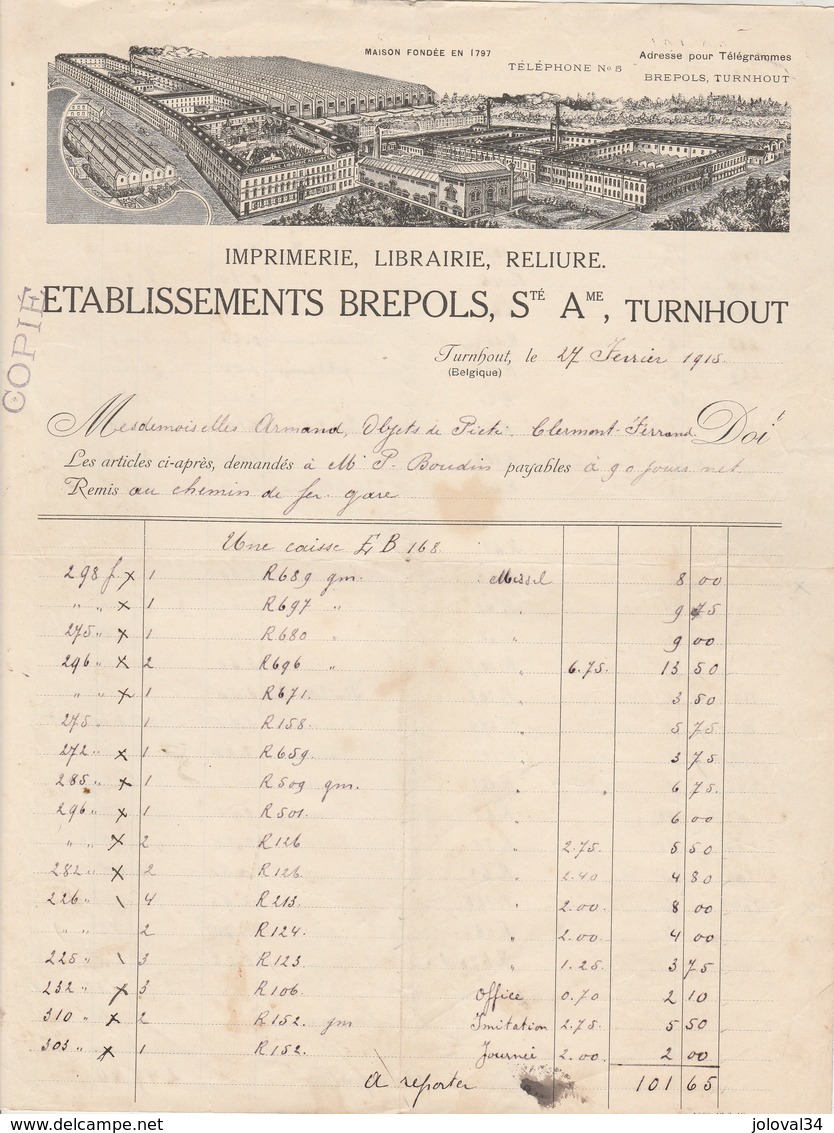 Belgique Facture Illustrée 27/2/1915 Ets BREPOLS Imprimerie Librairie Reliure TURNHOUT - 1900 – 1949