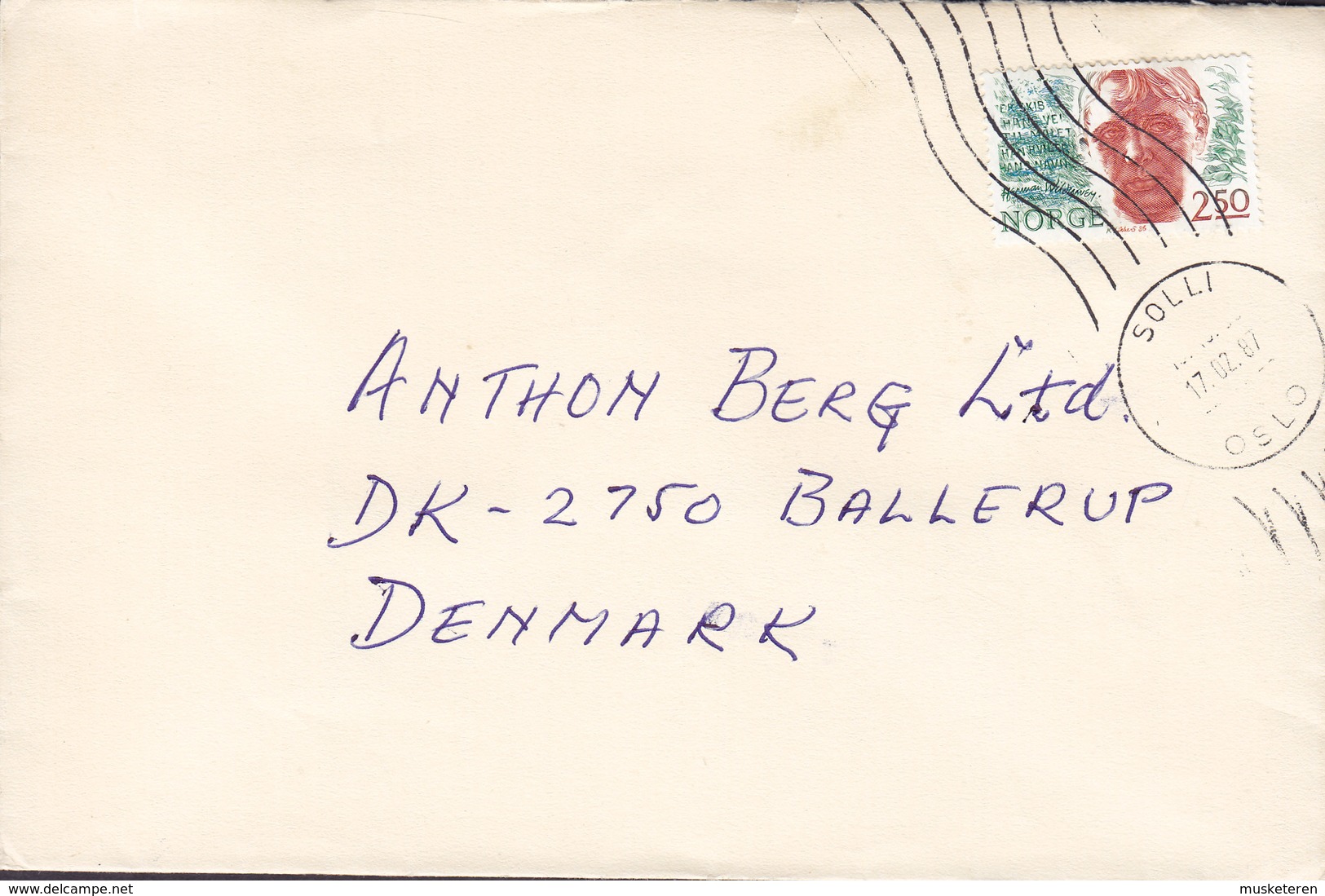 Norway WALTER SALICATH Vika OSLO 1987 Cover Brief BALLERUP Denmark H. Wildenvey, Lyriker Single Franking - Briefe U. Dokumente