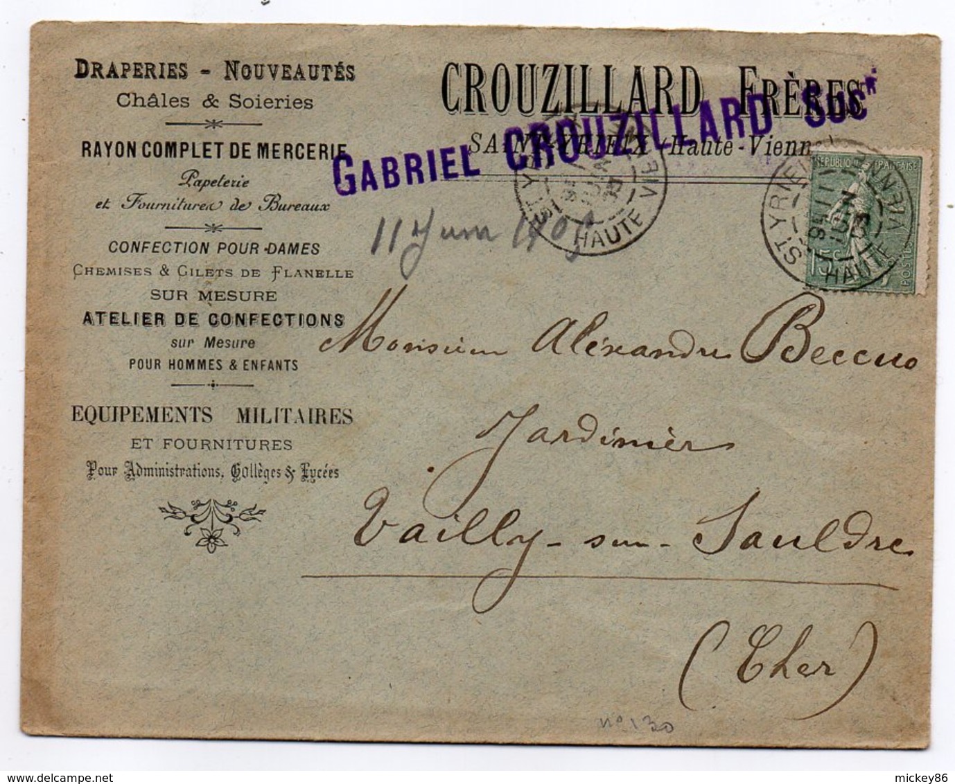 1905--Lettre De St YRIEIX/VIENNE-87  Pour VAILLY /SAULDRE-18--type Semeuse-cachet-env Personnalisée CROUZILLARD - 1877-1920: Periodo Semi Moderno