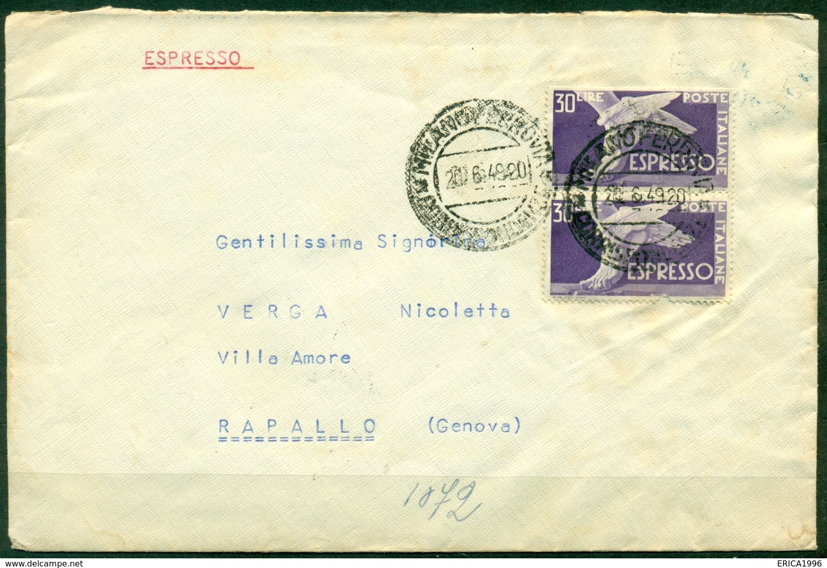 STORIA POSTALE - V9816 ITALIA REPUBBLICA 1949 Espresso Affrancato Con Democratica Espresso 30 L. X 2, Da Milano 20.6.49 - 1946-60: Poststempel