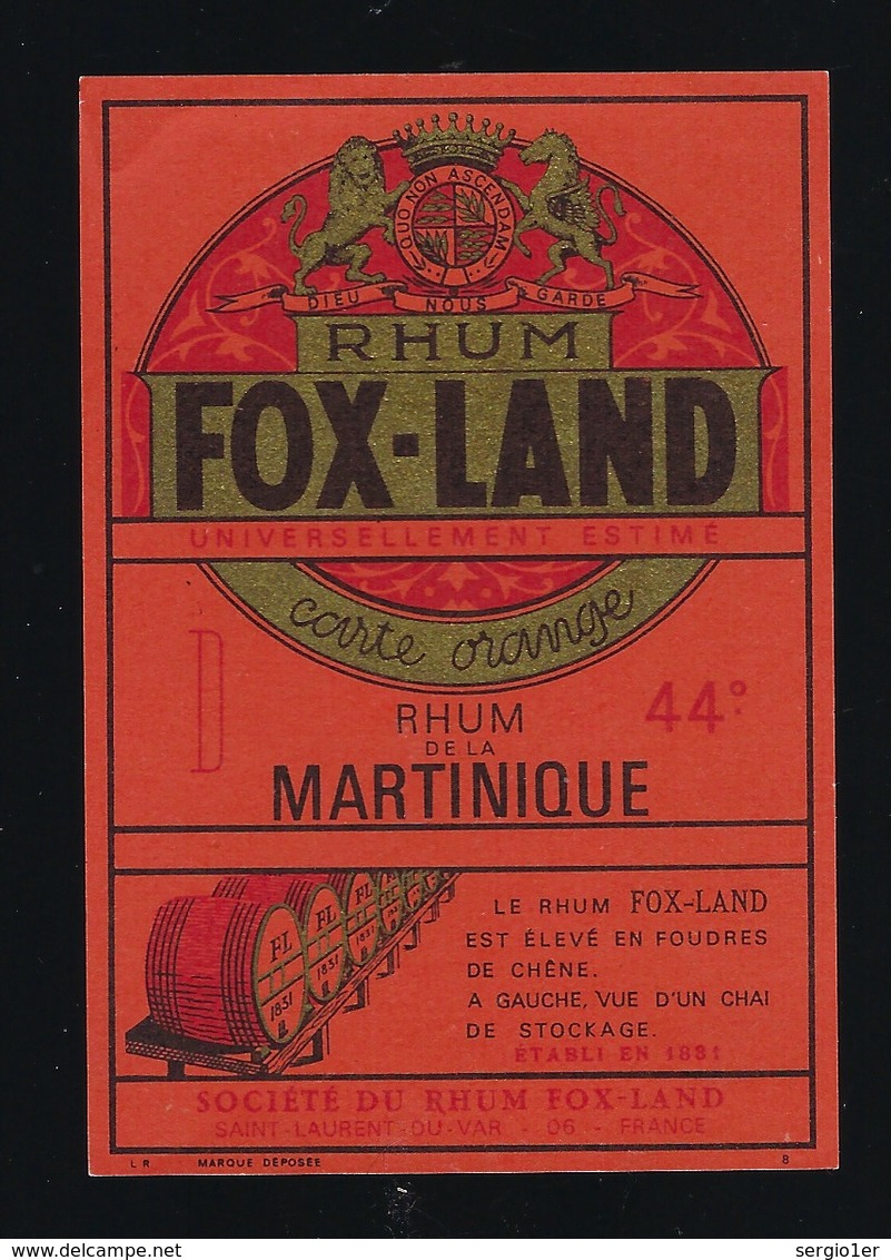 Ancienne Etiquette  Rhum Fox Land Carte Orange Martinique  St Laurent Du Var - Rhum