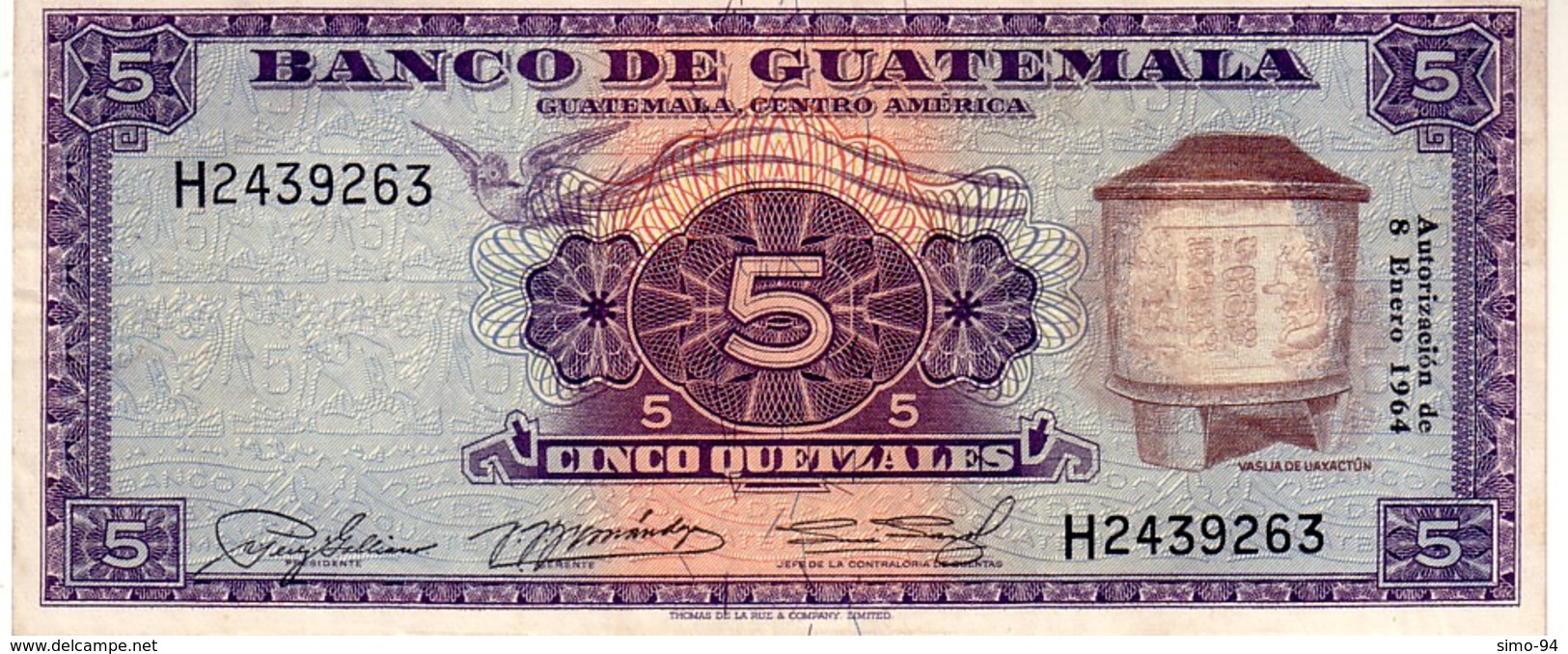 Guatemala P.53  5 Queztal 1964 Xf - Guatemala