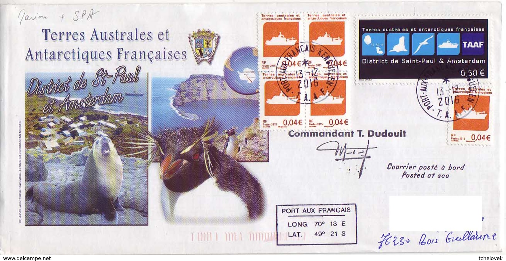 (Timbres). FSAT TAAF Marion Dufresne. 13.12.2016 Kerguelen Pli Illustre T. District SPA - Lettres & Documents