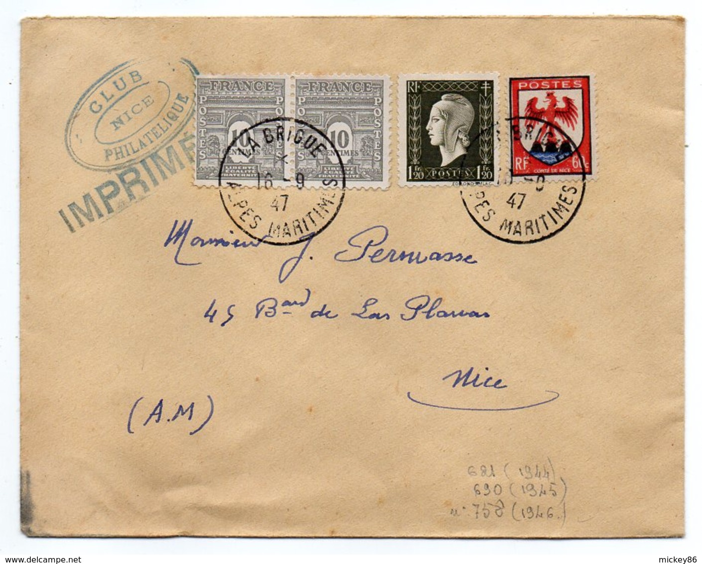 1947--Lettre De LA BRIGUE-06  Pour NICE-06--tarif "IMPRIMES"--timbres--cachets - 1921-1960: Période Moderne