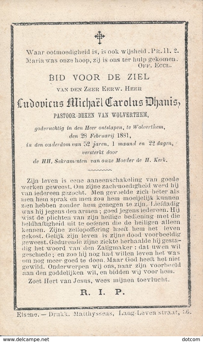 E.H. Ludovicus Michael Carolus DHANIS - Pastoor-deken Van Wolvertem - Décès