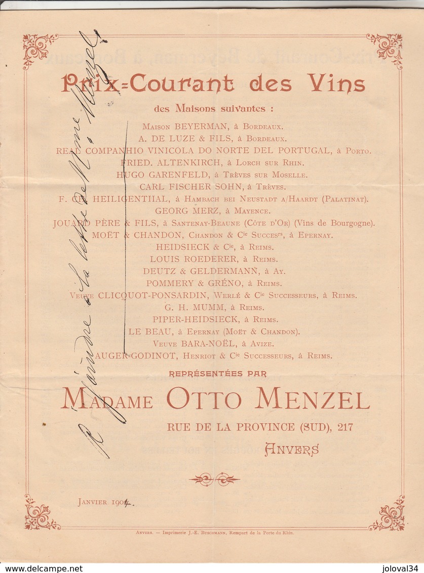 Belgique 1904 Madame OTTO MENZEL ANVERS Brochure 10 Pages Prix Vins Champagne Voir Description - 1900 – 1949