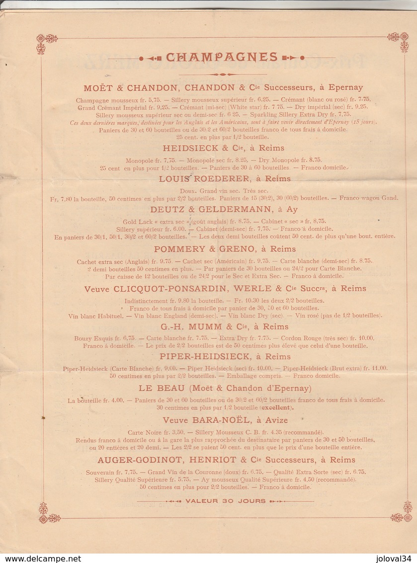 Belgique 1904 Madame OTTO MENZEL ANVERS Brochure 10 Pages Prix Vins Champagne Voir Description - 1900 – 1949