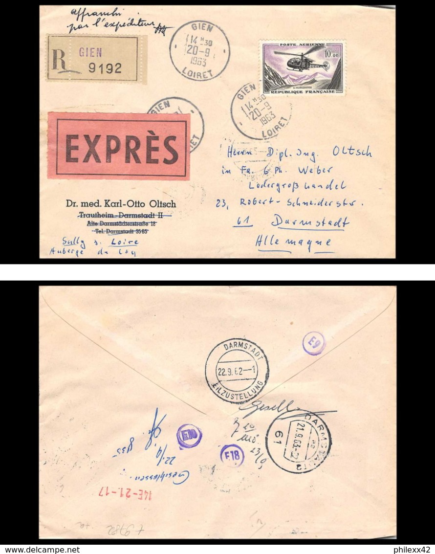 41985 France Aviation PA N°41 ALOUETTE Recommandé Giens Darmsdadt 1963 Superbe Poste Aérienne Airmail Lettre Cover - 1927-1959 Covers & Documents