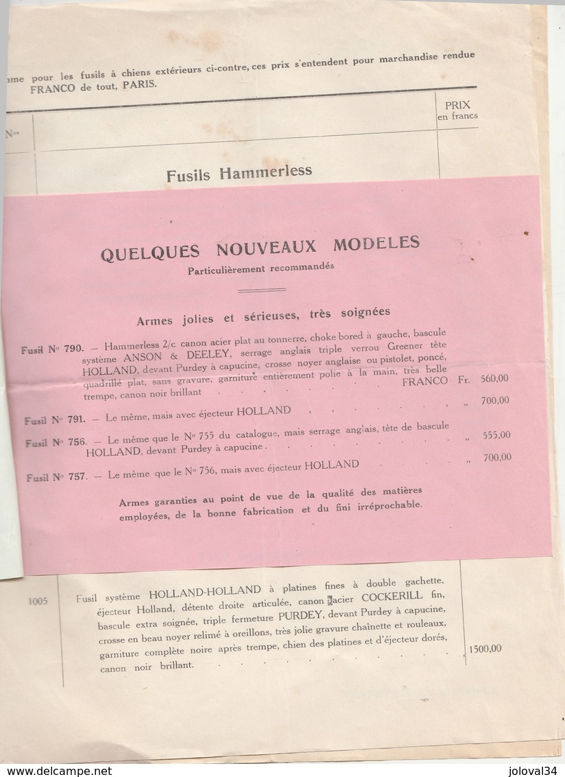 Belgique 1922 M JAMIN Fabriques D' Armes  LIEGE Tarifs Fusils à Chiens Extérieurs, Hammerless - 1900 – 1949