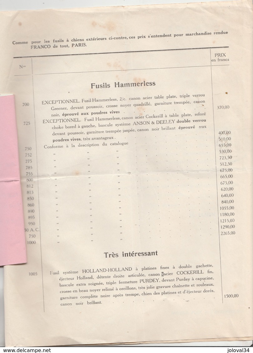 Belgique 1922 M JAMIN Fabriques D' Armes  LIEGE Tarifs Fusils à Chiens Extérieurs, Hammerless - 1900 – 1949