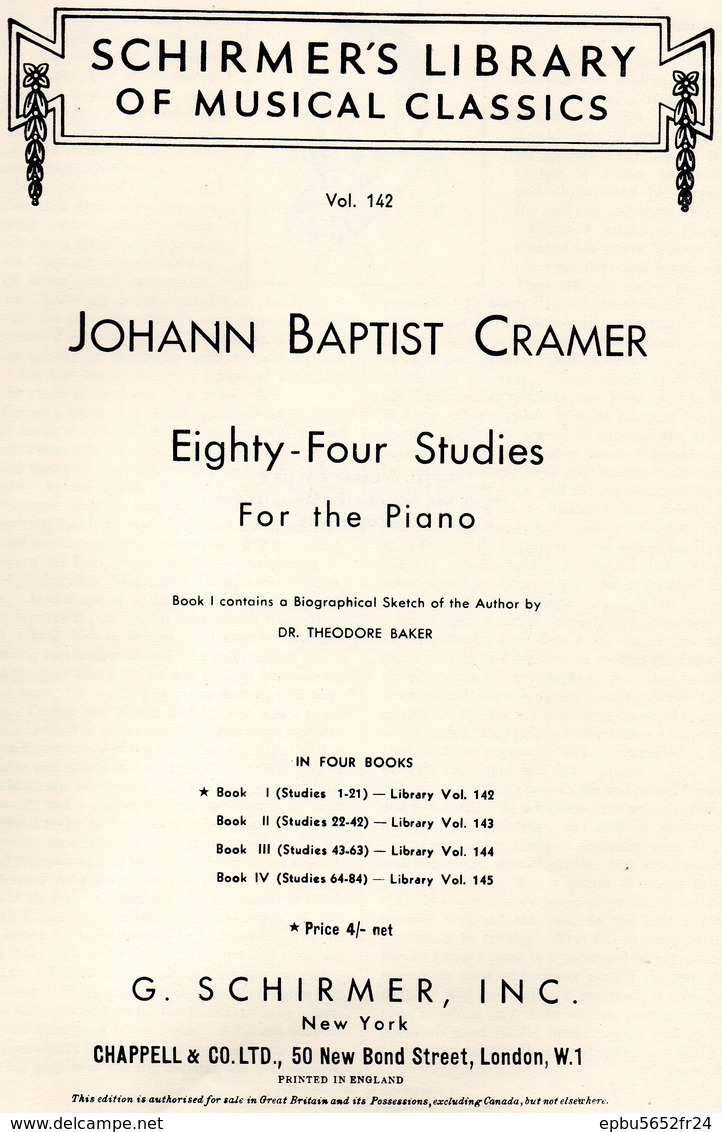 CRAMER  Eighty-Four Studies  For The Piano  Schirmer's Library Of Musical Classics Vol 142 - Instrumentos Di Arco Y Cuerda