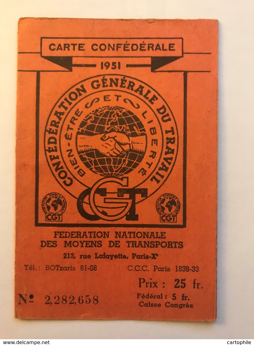 Carte Confederale CGT - Syndicat Du Personnel De La RATP Metro + Bus  Paris - Année 1951 - Sonstige & Ohne Zuordnung