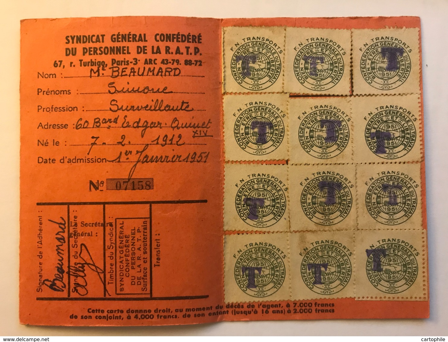 Carte Confederale CGT - Syndicat Du Personnel De La RATP Metro + Bus  Paris - Année 1951 - Autres & Non Classés