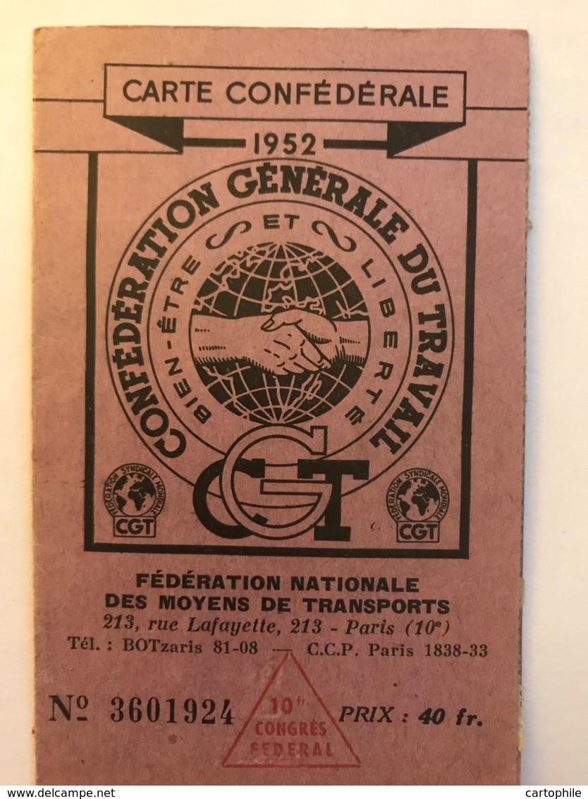 Carte Confederale CGT - Syndicat Du Personnel De La RATP Metro + Bus  Paris - Année 1952 - Autres & Non Classés