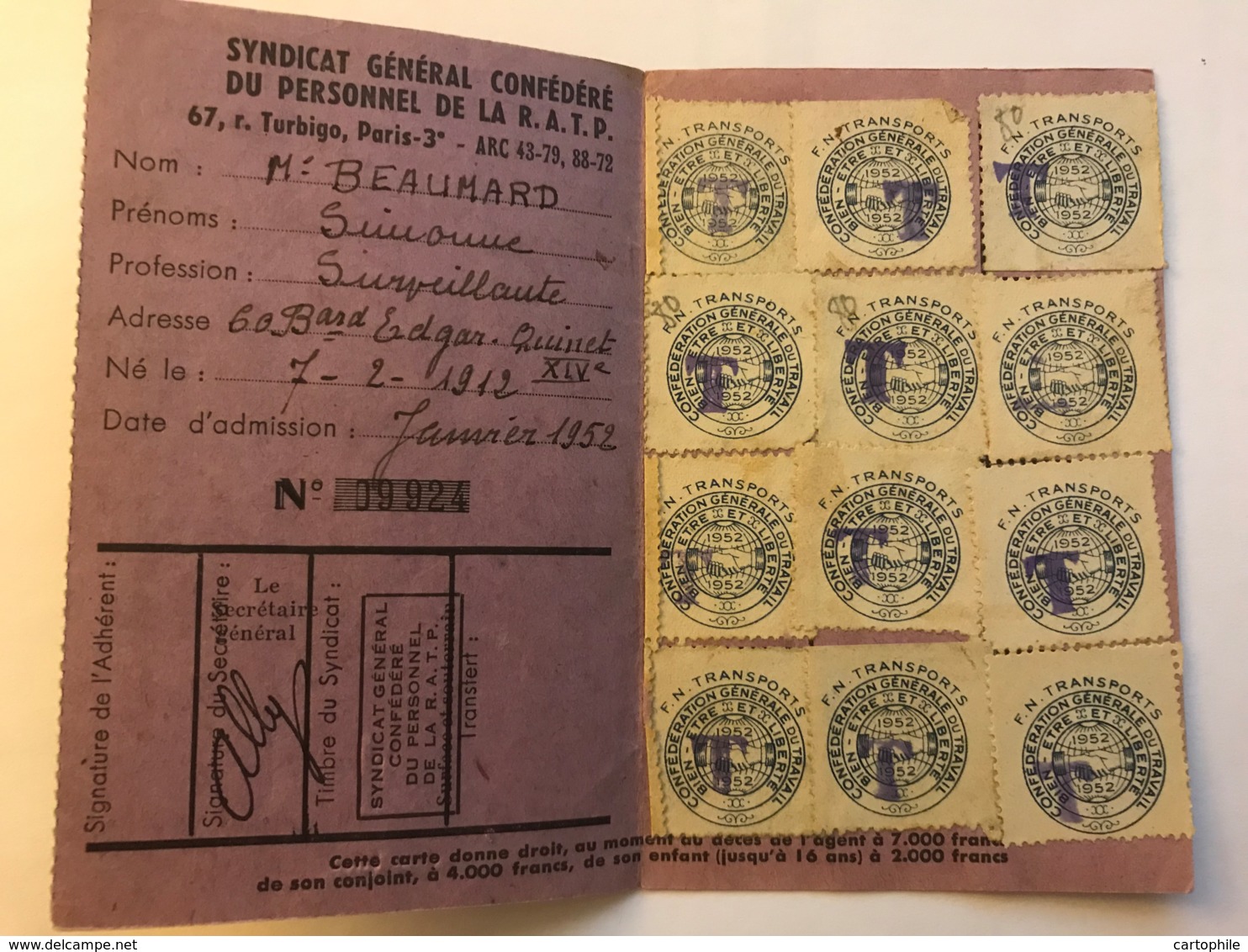 Carte Confederale CGT - Syndicat Du Personnel De La RATP Metro + Bus  Paris - Année 1952 - Autres & Non Classés