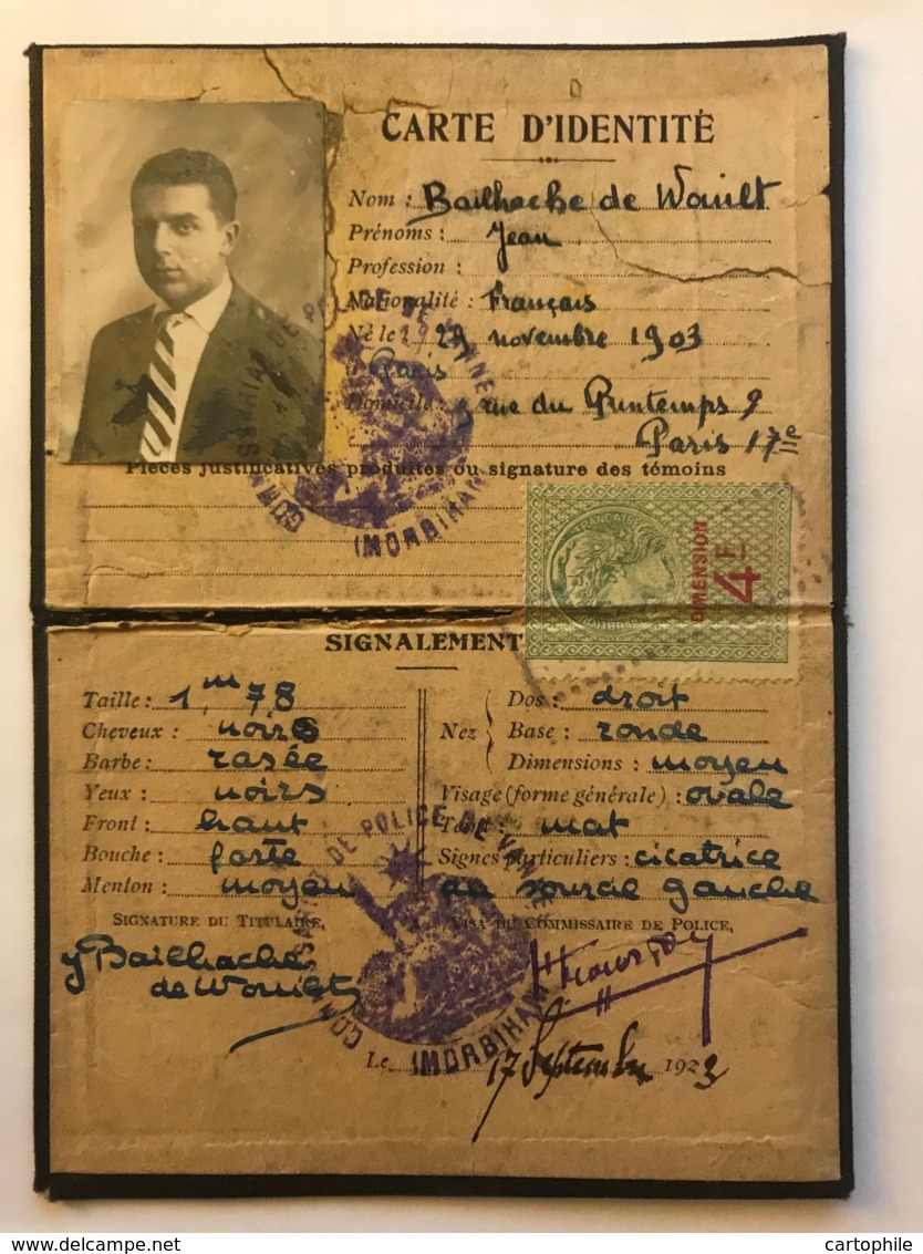 Carte D'identité - Commissariat De Police De Vannes En 1923 - Jean Bailhache De Wault + Timbre Fiscal 4 Francs - Non Classés